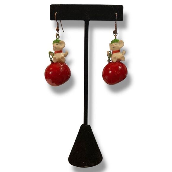 Vintage White Mouse on Cherry Dangle Earrings - Picture 6 of 8
